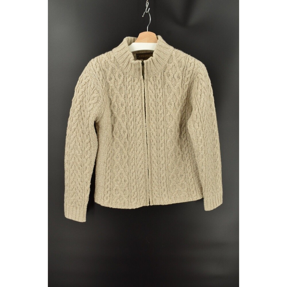 Inis Crafts Ireland Women L 100% Merino Wool Full Zip Cable Knit Sweater Oatmeal